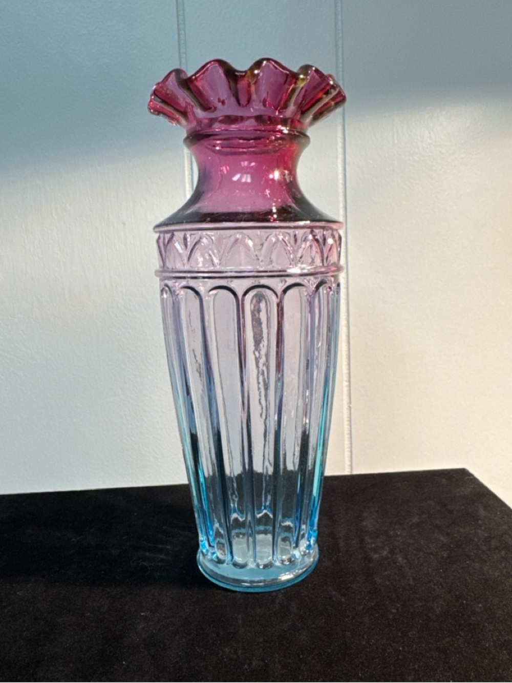 VTG Fenton 7.5" Mulberry Vase, paneled column arch, purple and blue crimped edge